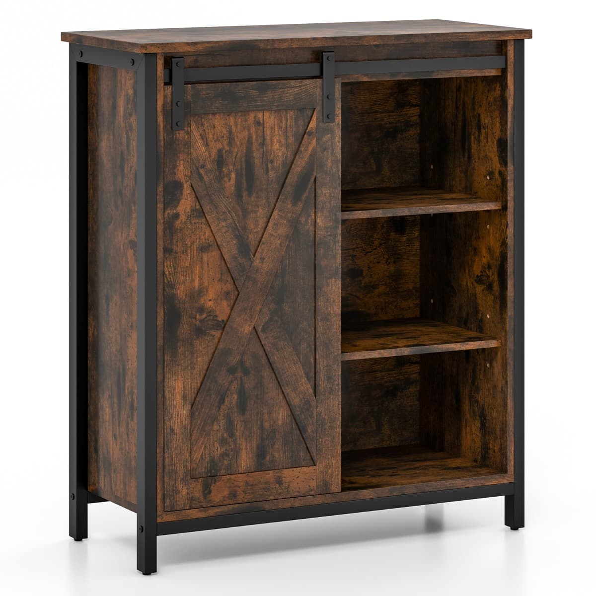 CostwayArmoire de Rangement Rustique Buffet Rustique avec Porte de Grange Coulissante Etagères Réglables Console de Service Brun Rustique