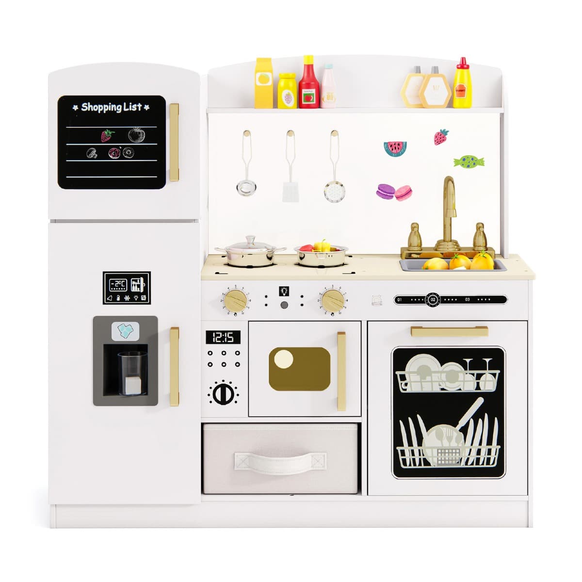 CostwayCuisine de Jeu avec Tableau Noir Fabricant de Glace Évier Tiroir en Tissu et Lave-Vaisselle Cuisine en Bois avec Micro-ondes Lumineux Blanc