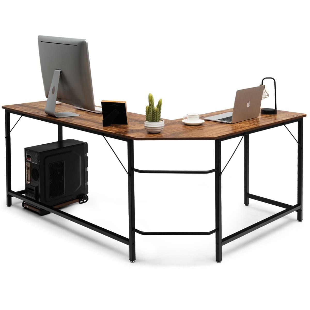 Bureau D'angle Grand Bureau en Forme de L Supporte D’unité Centrale en Bois et Métal 168x125x74cm Ma