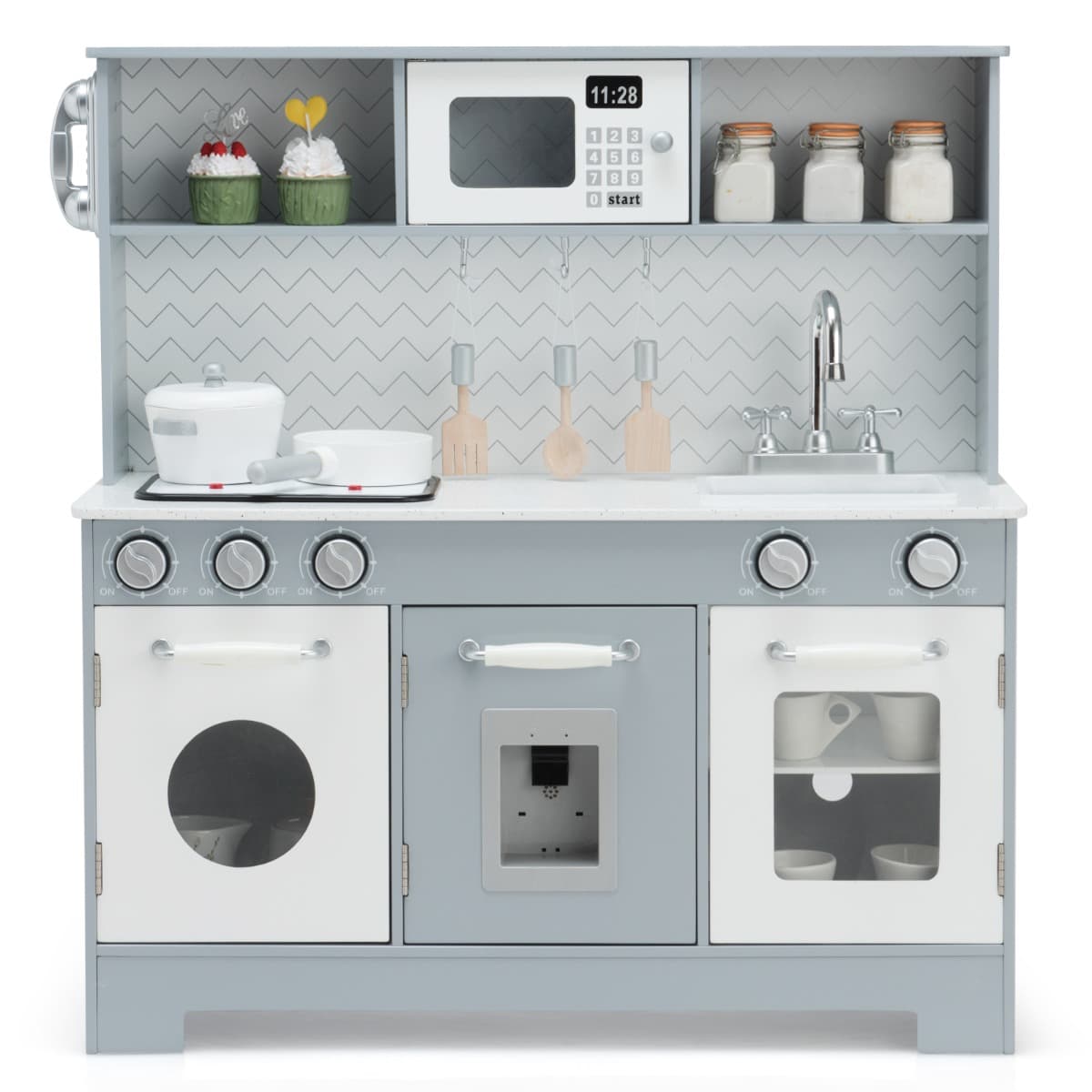 CostwayCuisine de Jeu pour Enfants en Bois avec Accessoires Évier Téléphone Micro-ondes Four Distributeur d'Eau et Cuisinière Gris