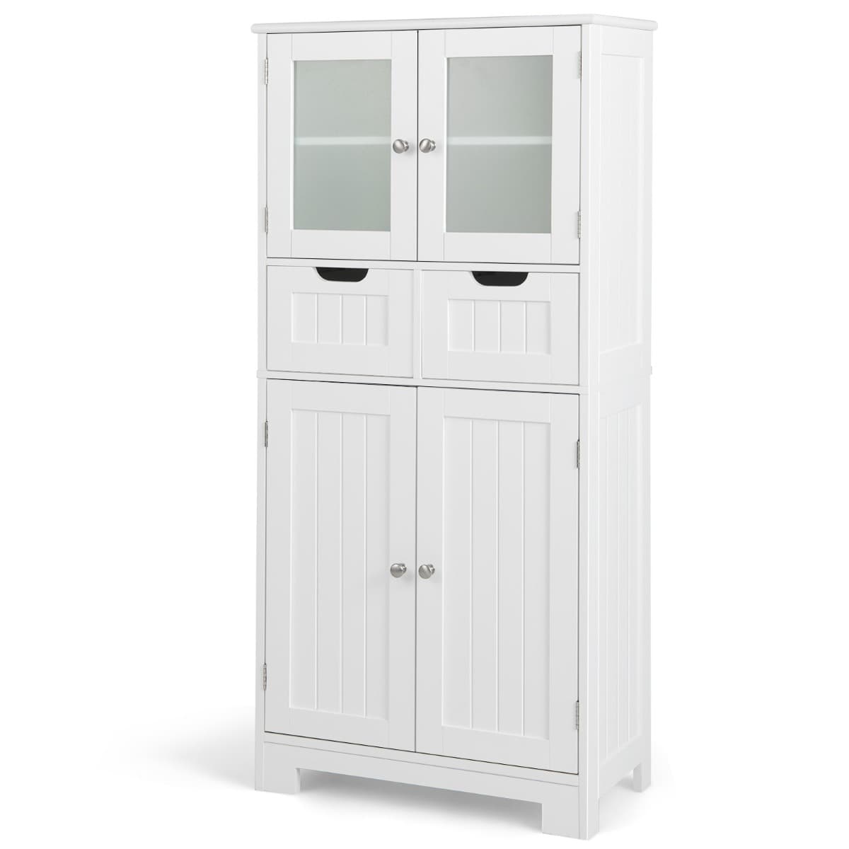 CostwayMeuble de Salle de Bain à 4 Portes 2 Tiroirs Colonne Salle de Bain Armoire Haute avec Étagères Réglables pour Salon Cuisine 60x30x128cm Blanc