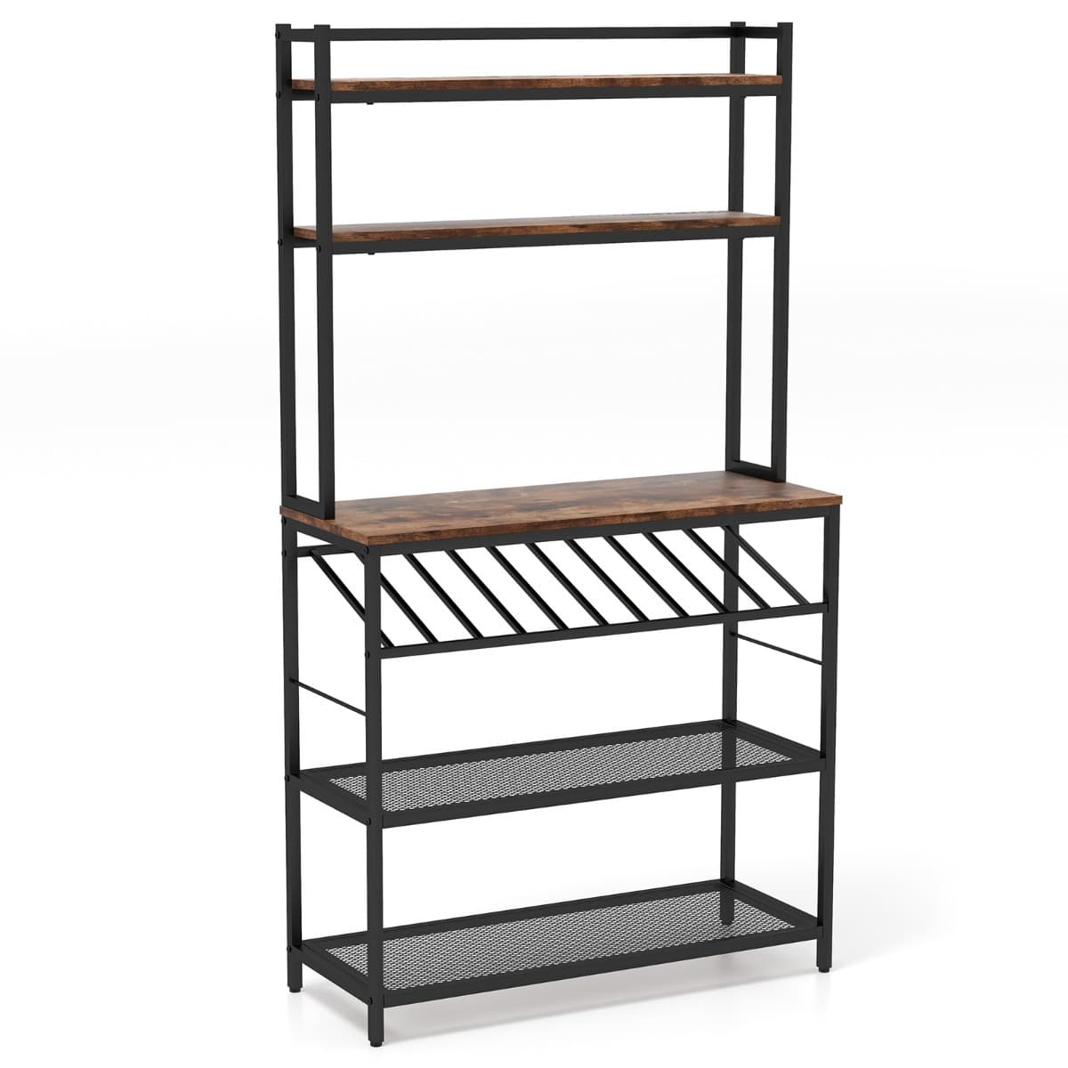 CostwayÉtagère de Cuisine pour Four à Micro-Ondes avec Casier à Vin pour 10 Bouteilles Desserte de Cuisine avec Pieds Réglables Marron Rustique
